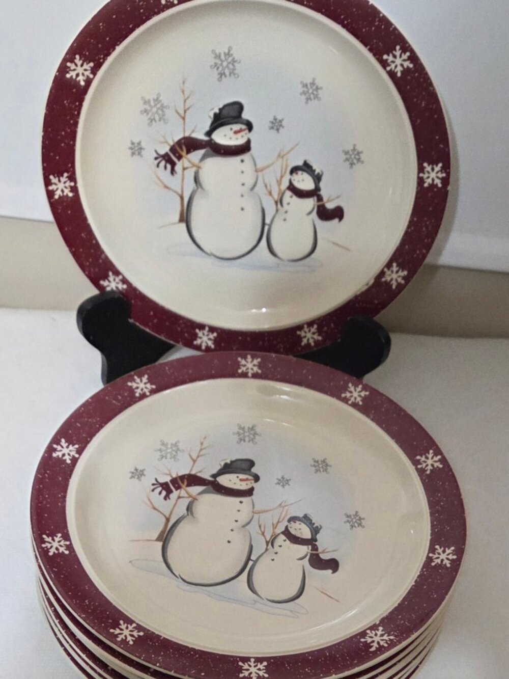 7 Pc Royal Seasons Stoneware Snowman Dinner Plates Red Holiday Christmas